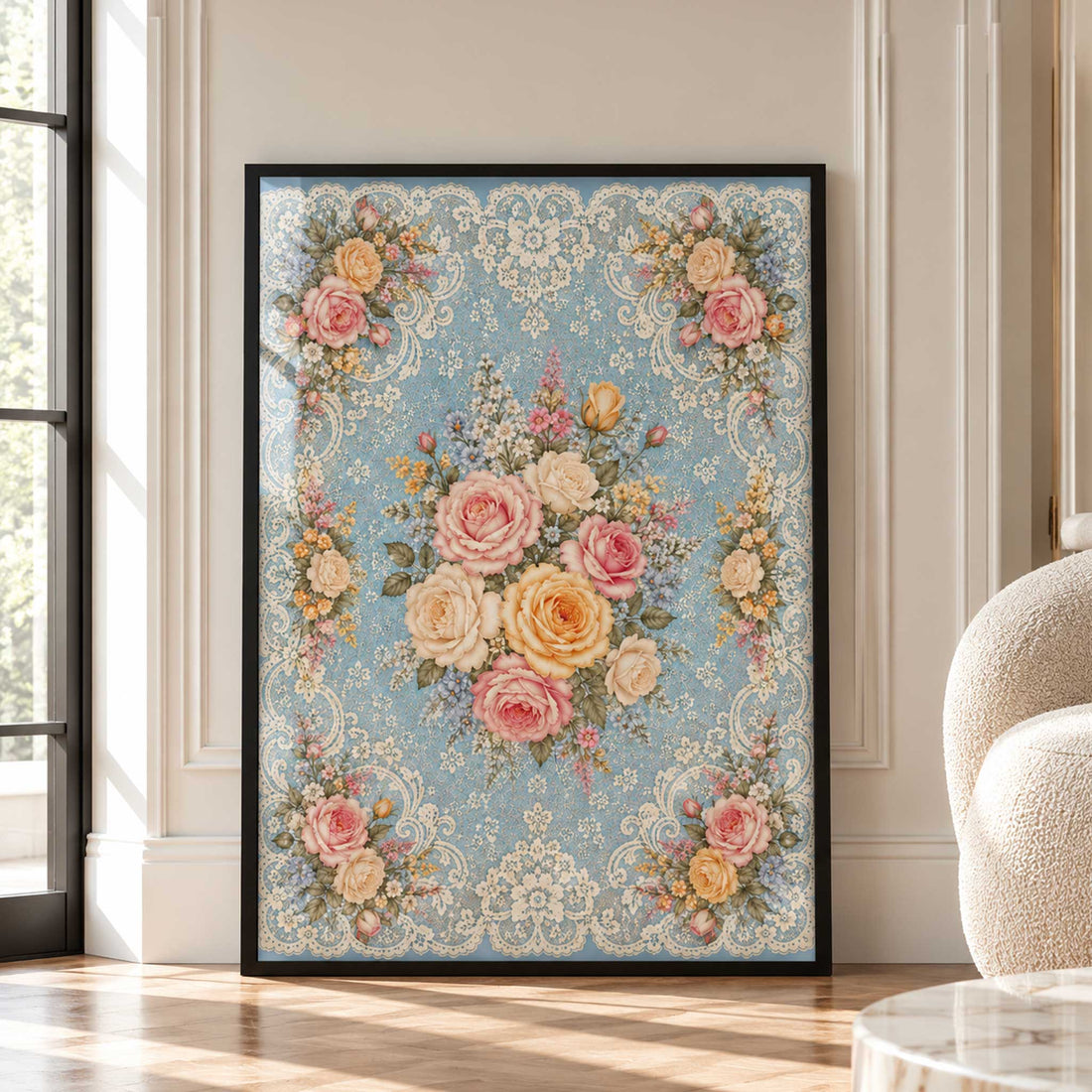 Blue Floral Rose Print
Vintage blue floral wall art featuring pink, peach and cream roses with intricate lace patterns, framed in black in a bright, elegant living room
