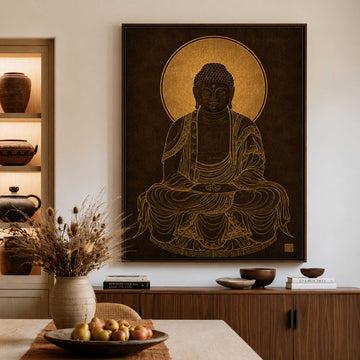 Large black framed canvas print of a golden line art Gautama Buddha meditating with a bright gold halo in a modern living room