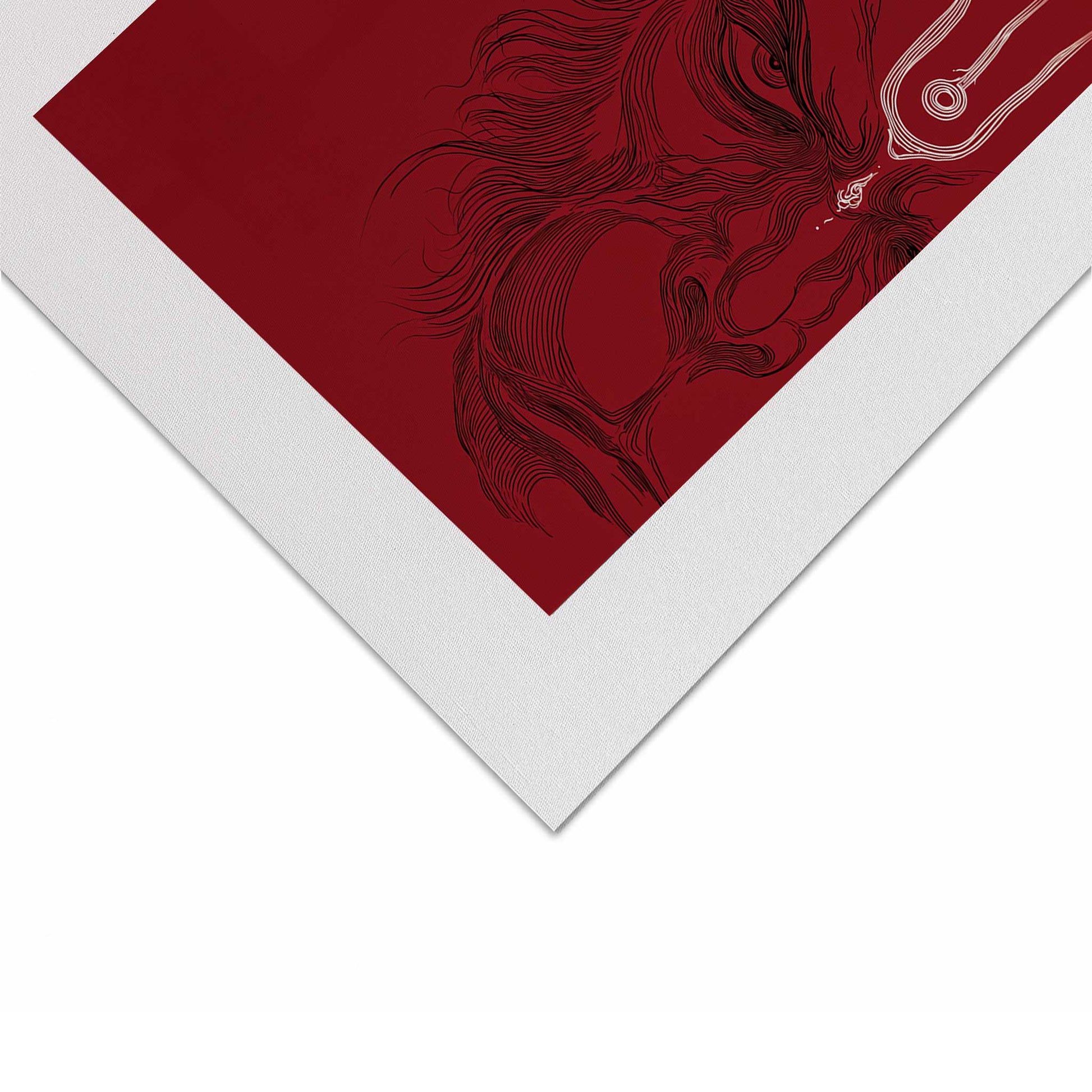 Framed crimson red Lord Hanuman rolled canvas wall art, minimalist line art print for modern spiritual living spaces and yoga studios