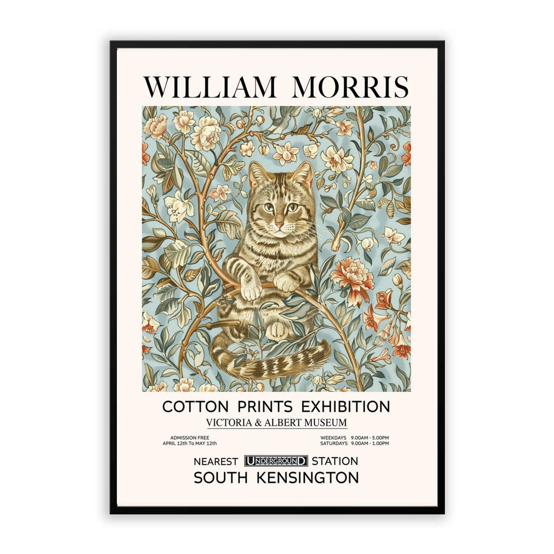 William Morris Style Tabby cat and flower Print Portrait, for living room bed room gift for cat lovers, Blue and Pink Print