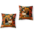 Floral folk art cat throw pillow with cats on a vintage armchair surrounded by colourful flowers