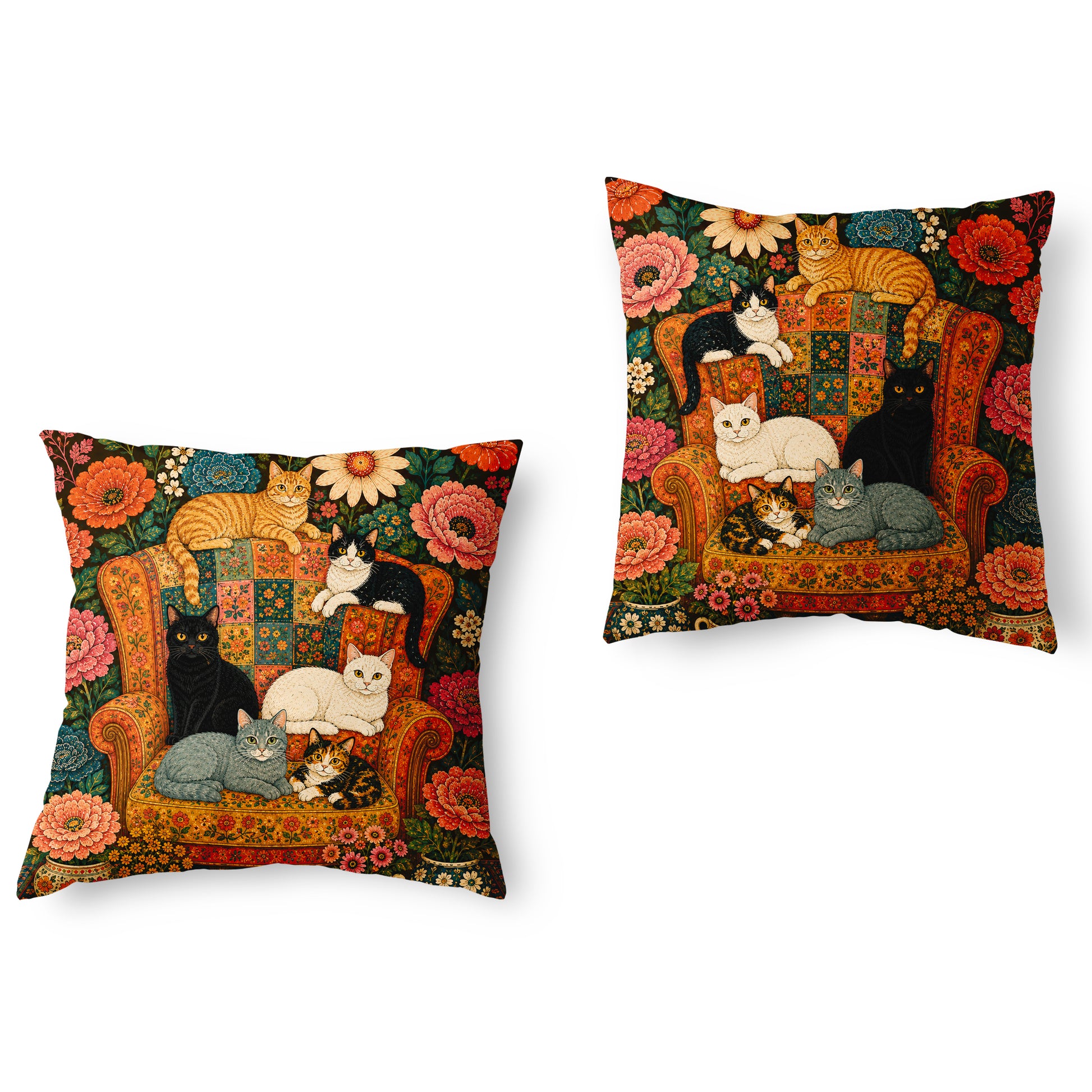 Floral folk art cat throw pillow with cats on a vintage armchair surrounded by colourful flowers