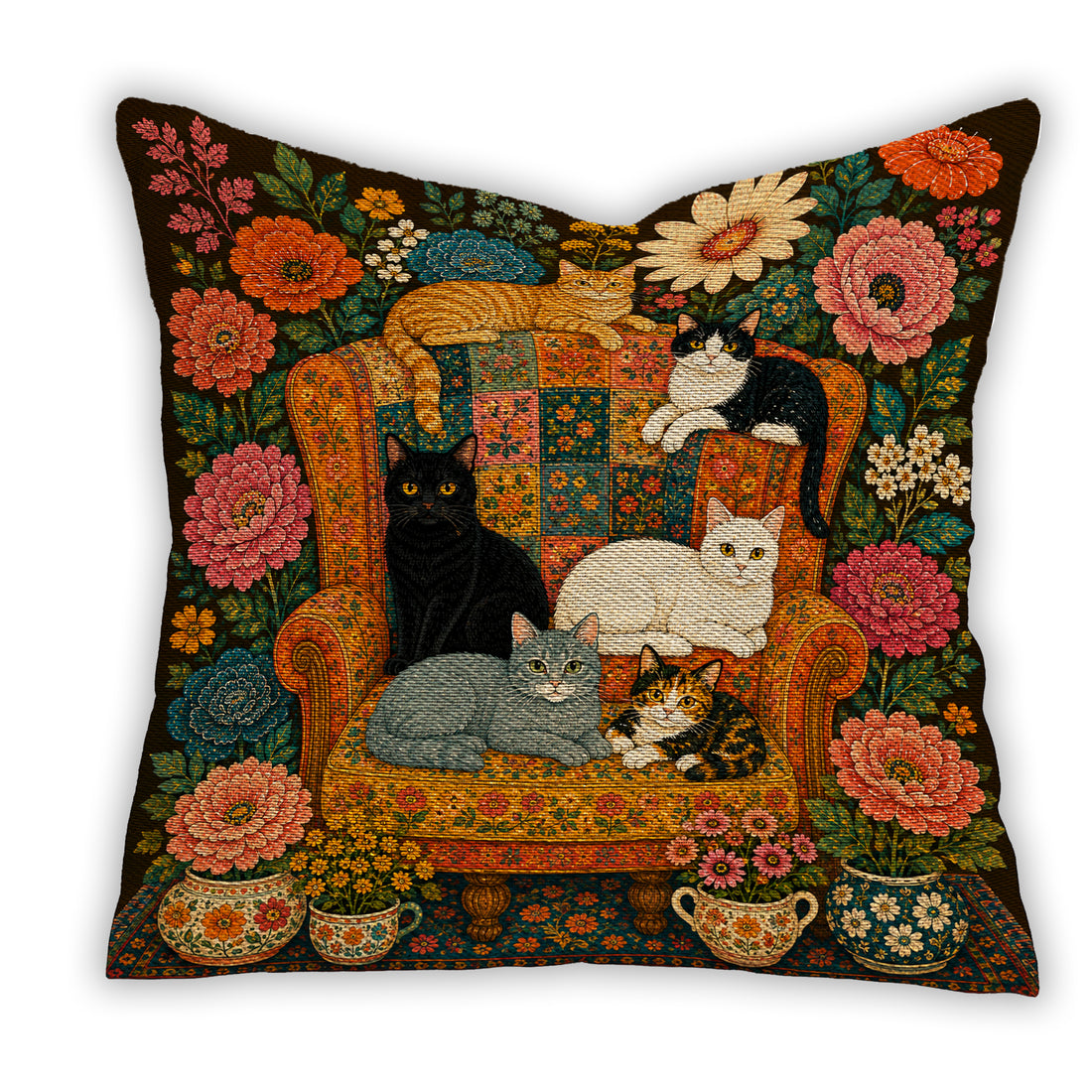 Floral folk art cat throw pillow with cats on a vintage armchair surrounded by colourful flowers