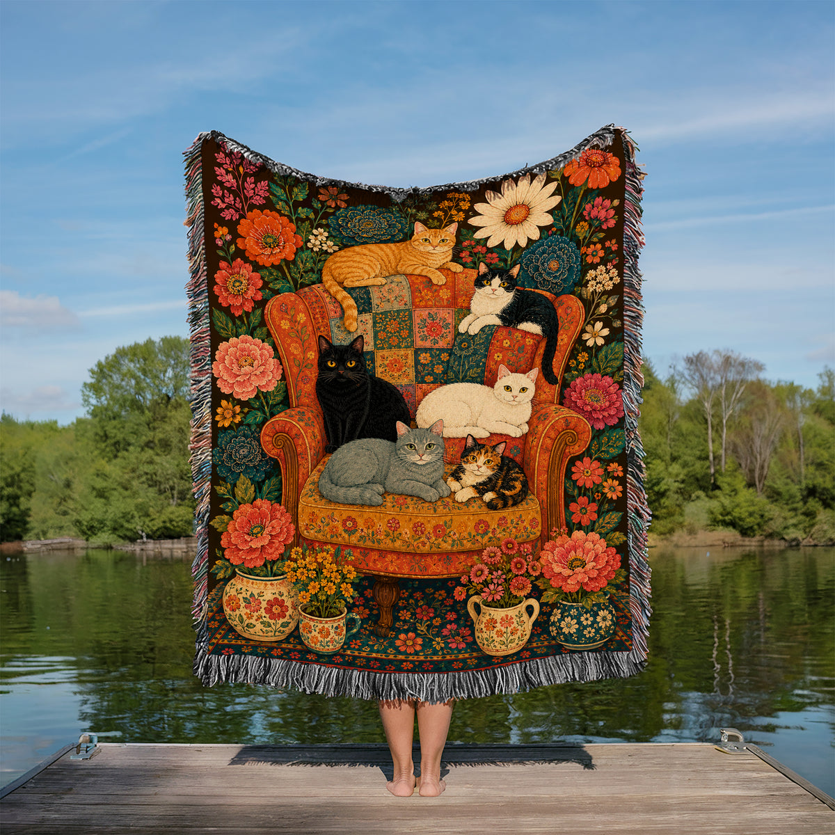 Floral cat woven throw blanket with six cats on a patterned armchair surrounded by flowers
