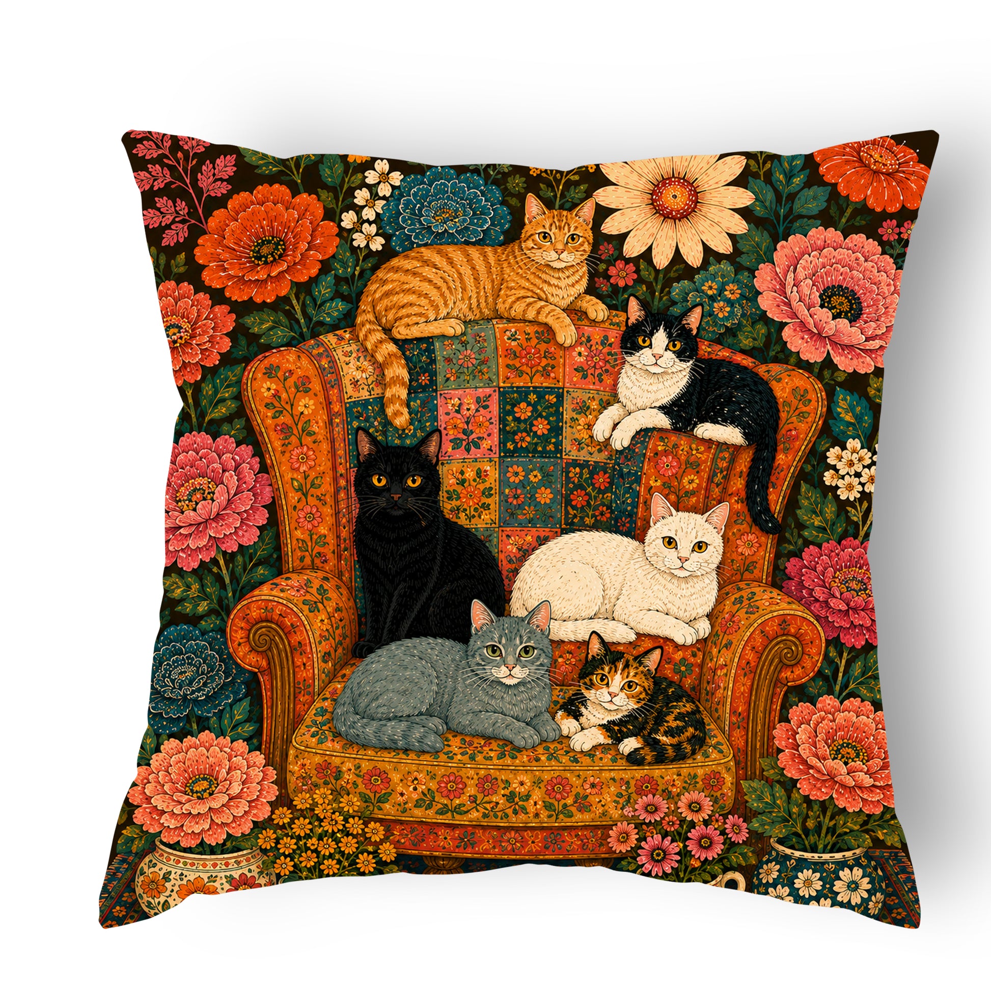 Floral folk art cat throw pillow with cats on a vintage armchair surrounded by colourful flowers