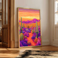 colourful artwork of a  southwestern desert landscape with cacti and mountains in a room.