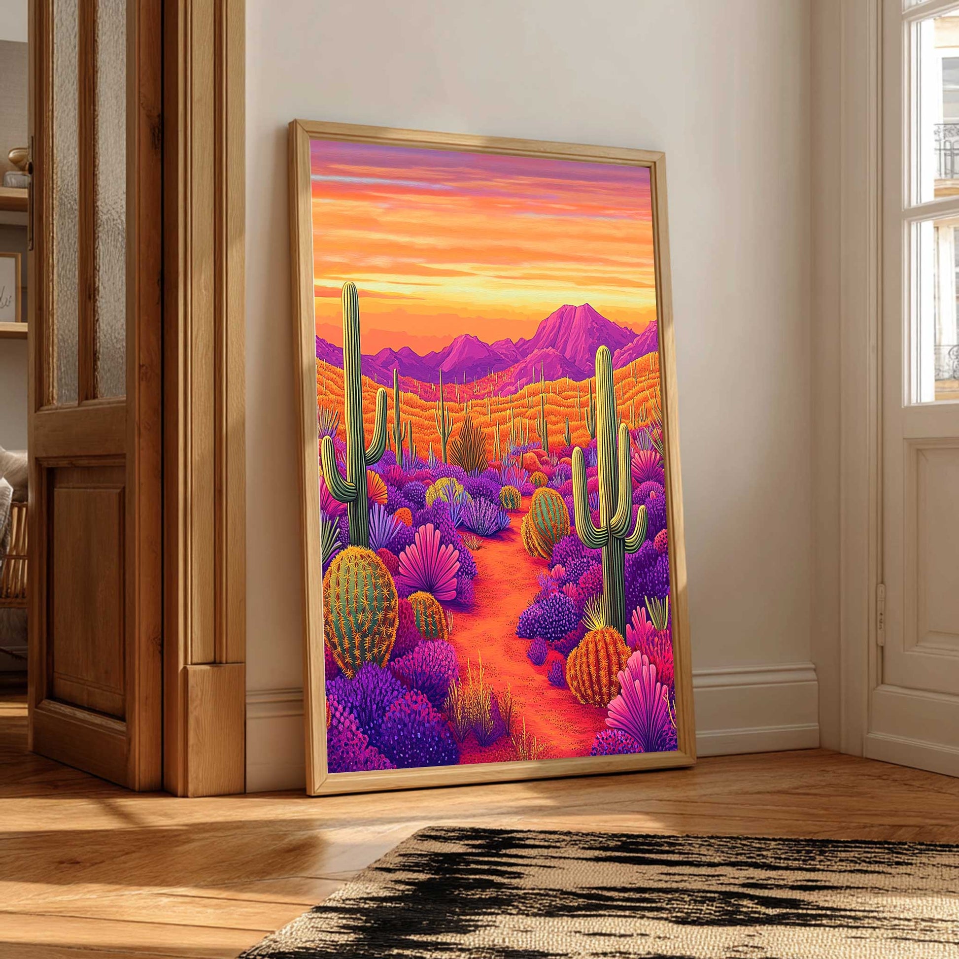 colourful artwork of a  southwestern desert landscape with cacti and mountains in a room.