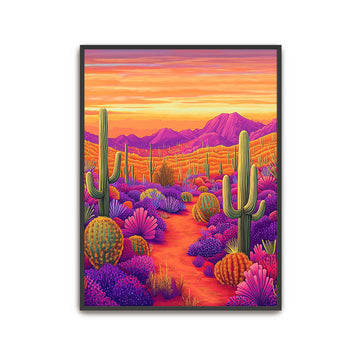 Framed artwork of a vibrant desert landscape with cacti and mountains.