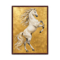 White rearing horse wall art print on a textured gold background featuring flowing mane and detailed equestrian artwork. in dark brown