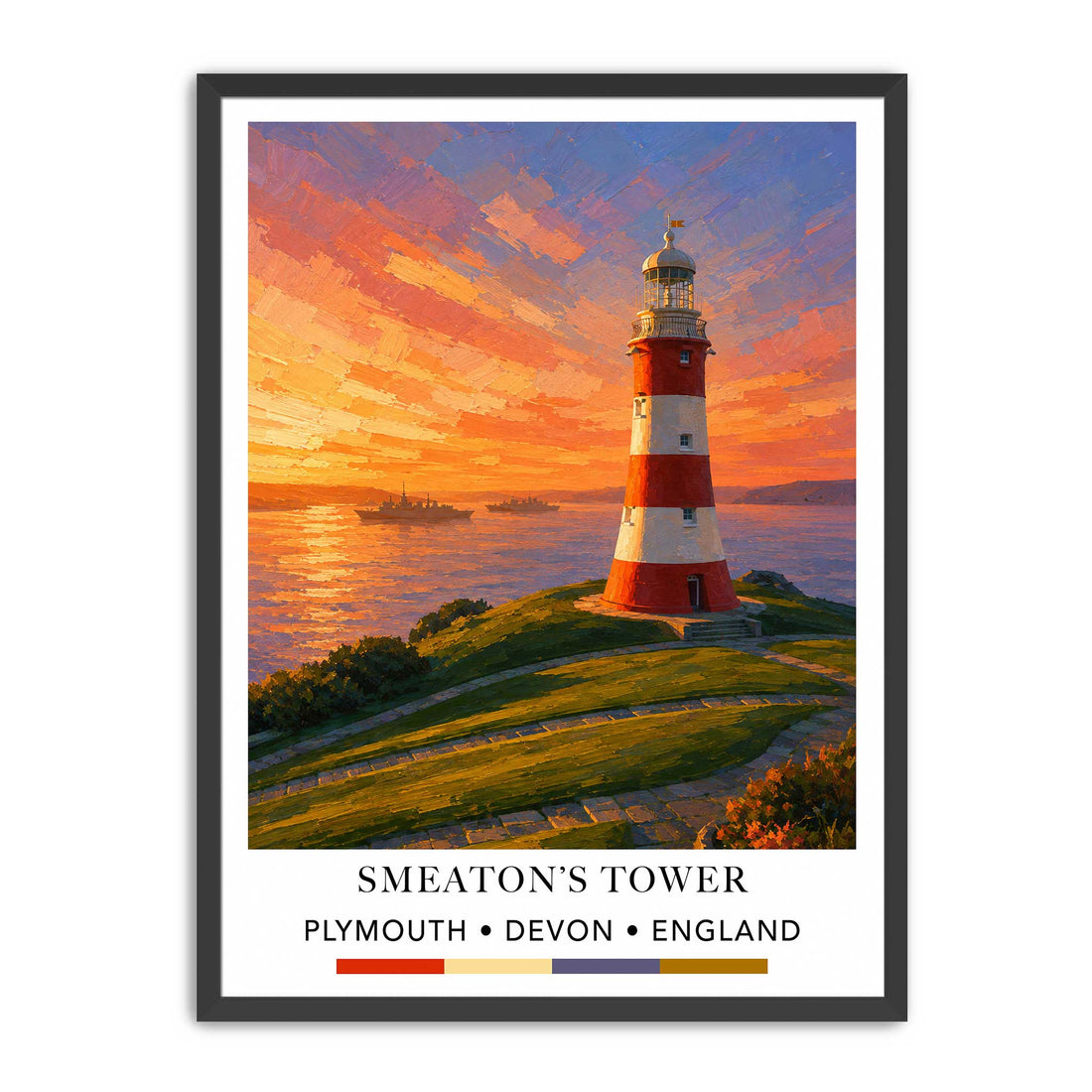A framed art print depicting Smeaton's Tower in Plymouth, Devon, England, painted in a vibrant impressionistic style with a red and white striped tower, a warm orange sunset sky, and green grassy foreground. The print is presented in a white mat and a simple black frame against a solid white background.