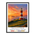 A framed art print depicting Smeaton's Tower in Plymouth, Devon, England, painted in a vibrant impressionistic style with a red and white striped tower, a warm orange sunset sky, and green grassy foreground. The print is presented in a white mat and a simple black frame against a solid white background.