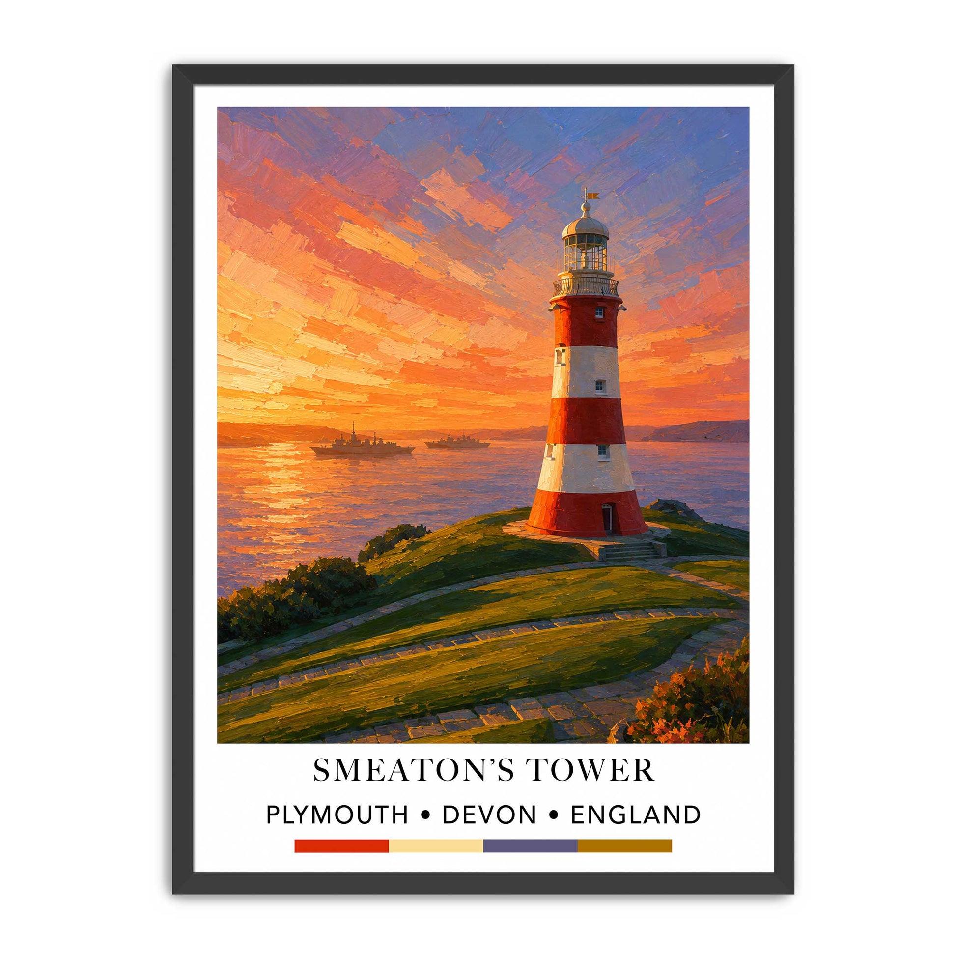 A framed art print depicting Smeaton's Tower in Plymouth, Devon, England, painted in a vibrant impressionistic style with a red and white striped tower, a warm orange sunset sky, and green grassy foreground. The print is presented in a white mat and a simple black frame against a solid white background.