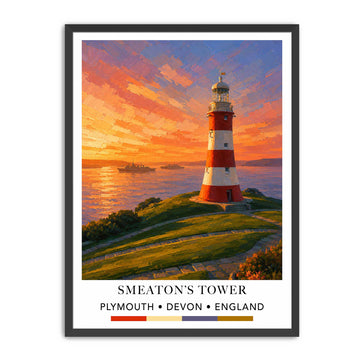 A framed art print depicting Smeaton's Tower in Plymouth, Devon, England, painted in a vibrant impressionistic style with a red and white striped tower, a warm orange sunset sky, and green grassy foreground. The print is presented in a white mat and a simple black frame against a solid white background.