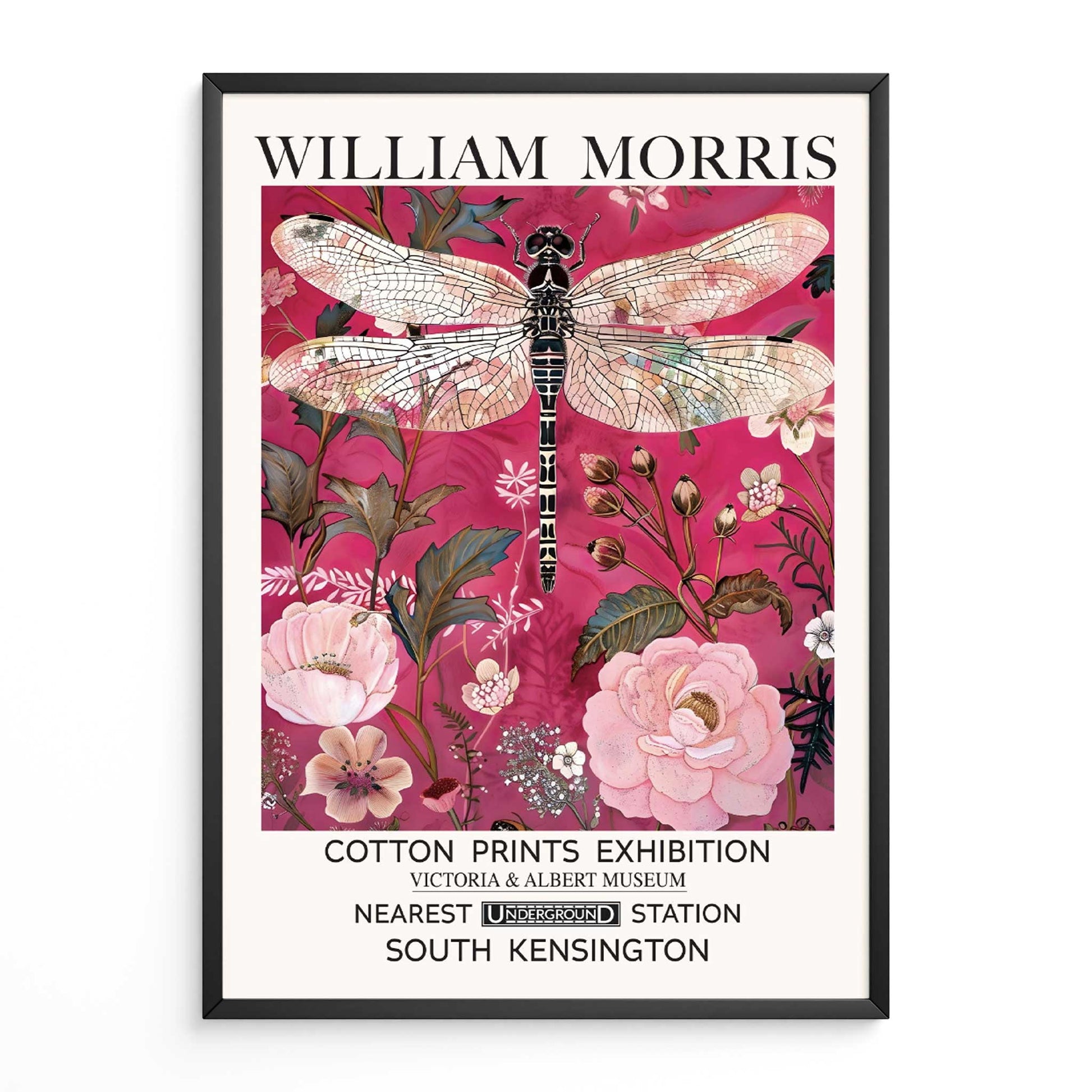 Vintage dragonfly wall art with flowers and botanical background, Vintage nature art, William Morris Print
