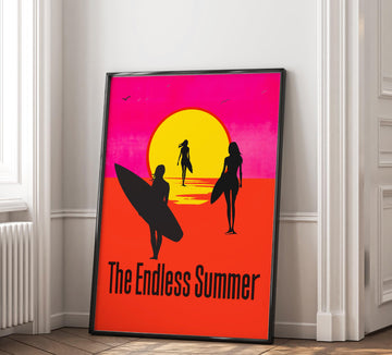  The Endless Summer official licensed female surfer variant movie poster three women silhouettes holding surfboards neon pink orange sunset. 