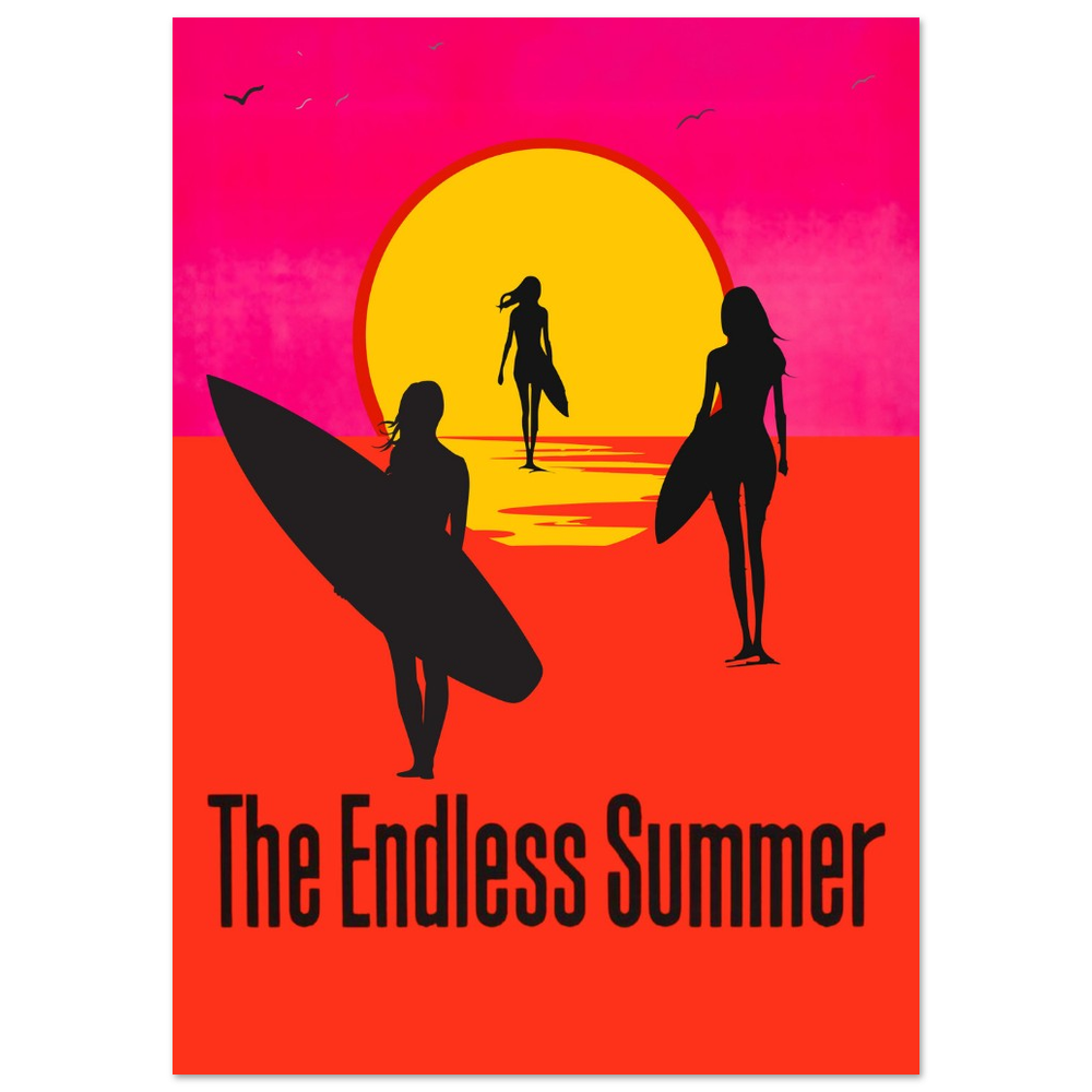  The Endless Summer official licensed female surfer variant movie poster three women silhouettes holding surfboards neon pink orange sunset. 