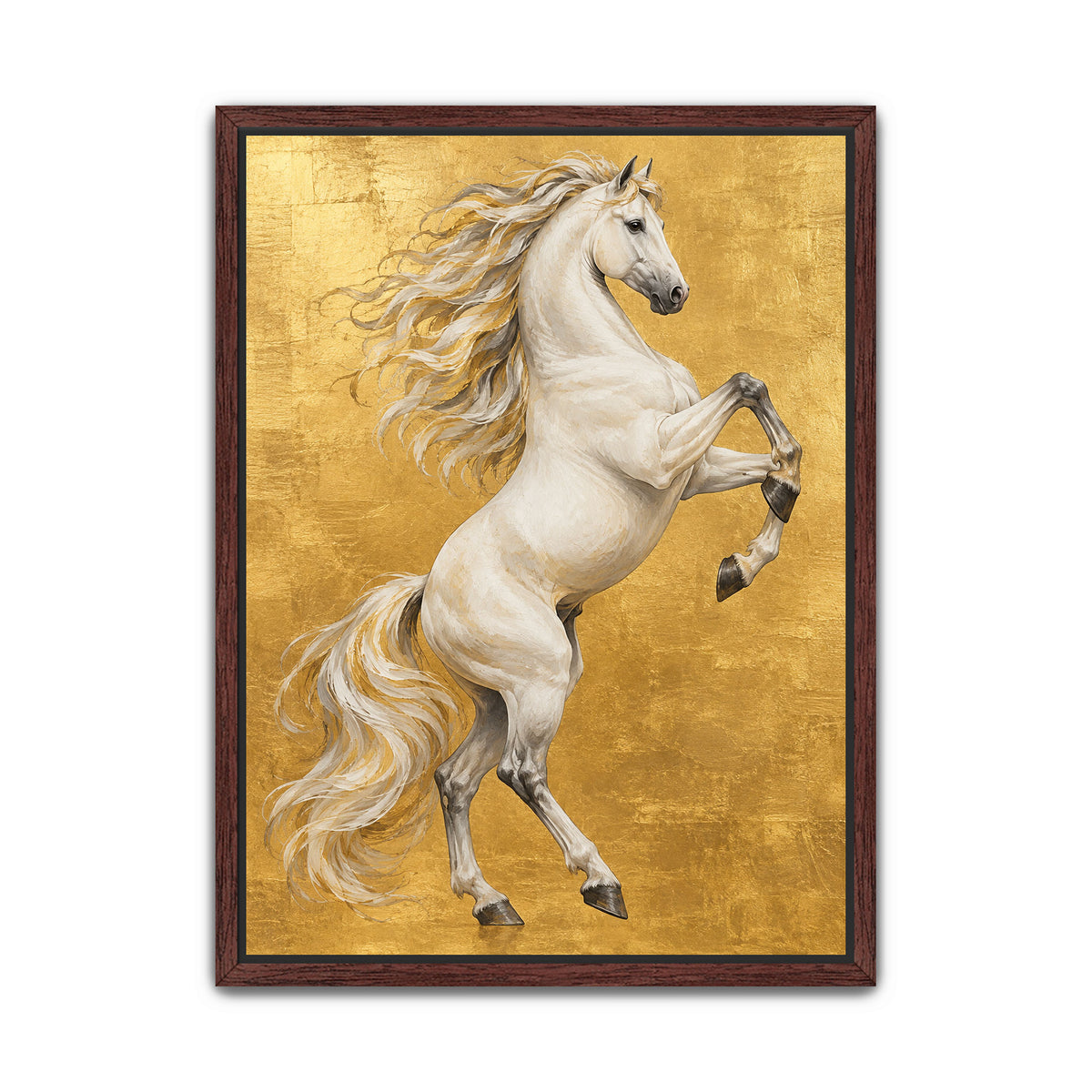 White rearing horse canvas wall art on a rich gold-coloured background with flowing mane and detailed equestrian artwork.