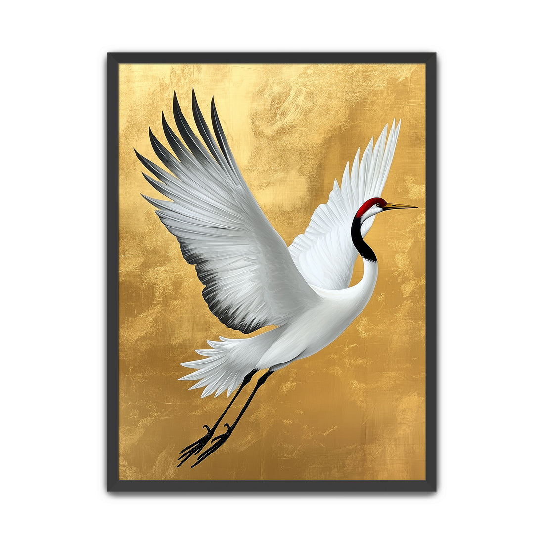 White red-crowned crane flying with wings spread wide against a textured gold background, Japanese crane art print.
