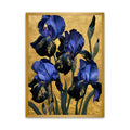 Blue iris wall art print featuring blue and violet iris flowers with green leaves on a rich gold-coloured background.
