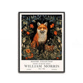 William Morris fox print featuring a woodland fox surrounded by red wildflowers and canopy of trees and plant
