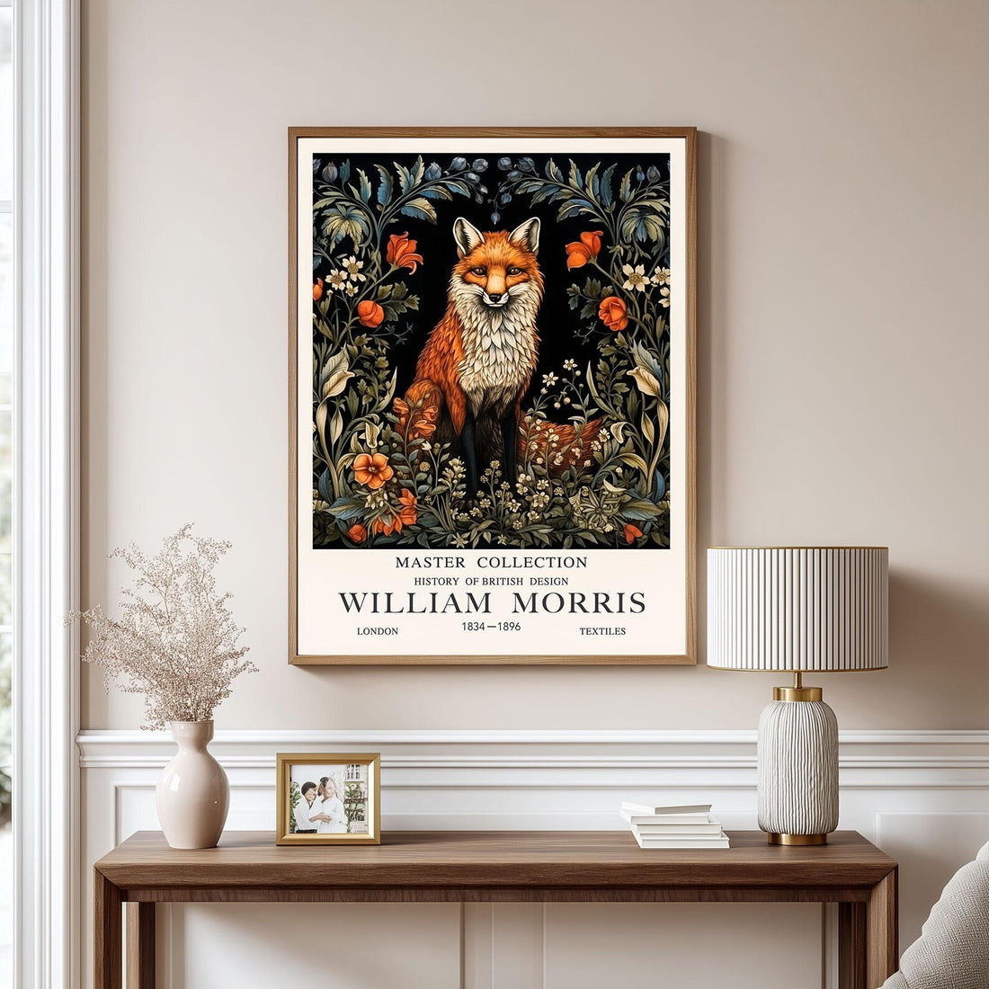 William Morris fox print featuring a woodland fox surrounded by red wildflowers and canopy of trees and plant