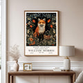 William Morris fox print featuring a woodland fox surrounded by red wildflowers and canopy of trees and plant