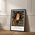 William Morris fox print featuring a woodland fox surrounded by red wildflowers and canopy of trees and plant