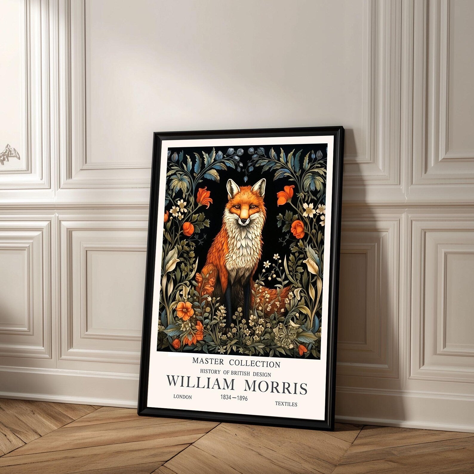 William Morris fox print featuring a woodland fox surrounded by red wildflowers and canopy of trees and plant