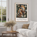 Framed Fox and Cub Wall Art featuring two foxes surrounded by woodland flowers and botanical foliage in the William Morris style. A ready-to-hang print for woodland decor, forest-inspired homes, cottage interiors and wildlife lovers.