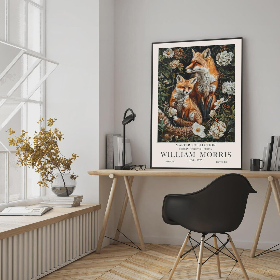 Framed Fox and Cub Wall Art featuring two foxes surrounded by woodland flowers and botanical foliage in the William Morris style. A ready-to-hang print for woodland decor, forest-inspired homes, cottage interiors and wildlife lovers.
