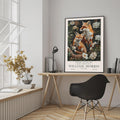 Framed Fox and Cub Wall Art featuring two foxes surrounded by woodland flowers and botanical foliage in the William Morris style. A ready-to-hang print for woodland decor, forest-inspired homes, cottage interiors and wildlife lovers.