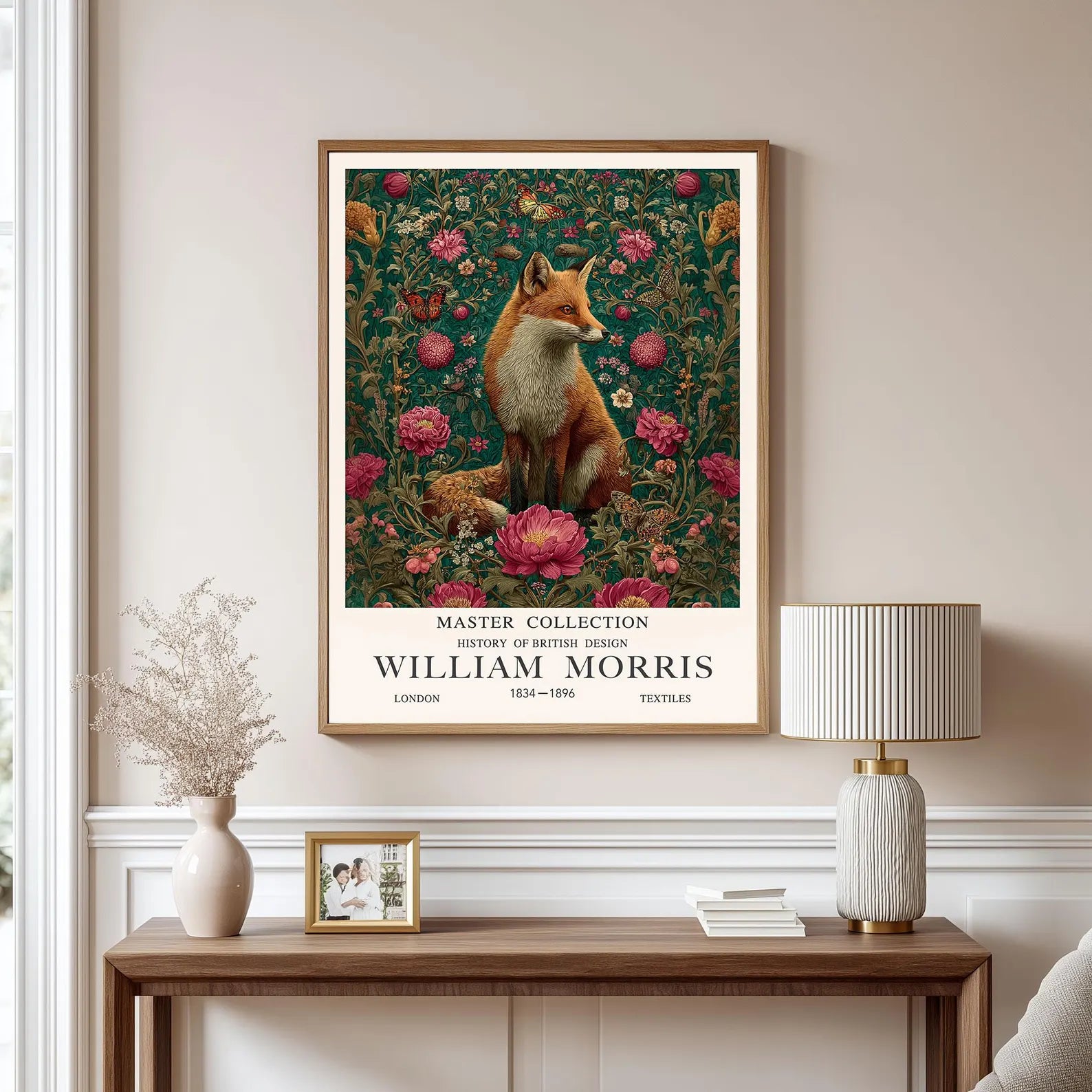 William Morris Fox Print, Pink Peony Flower Poster, Dark Green Botanical Wall Art, Cottagecore Bedroom Decor, Above Sofa Garden Picture
