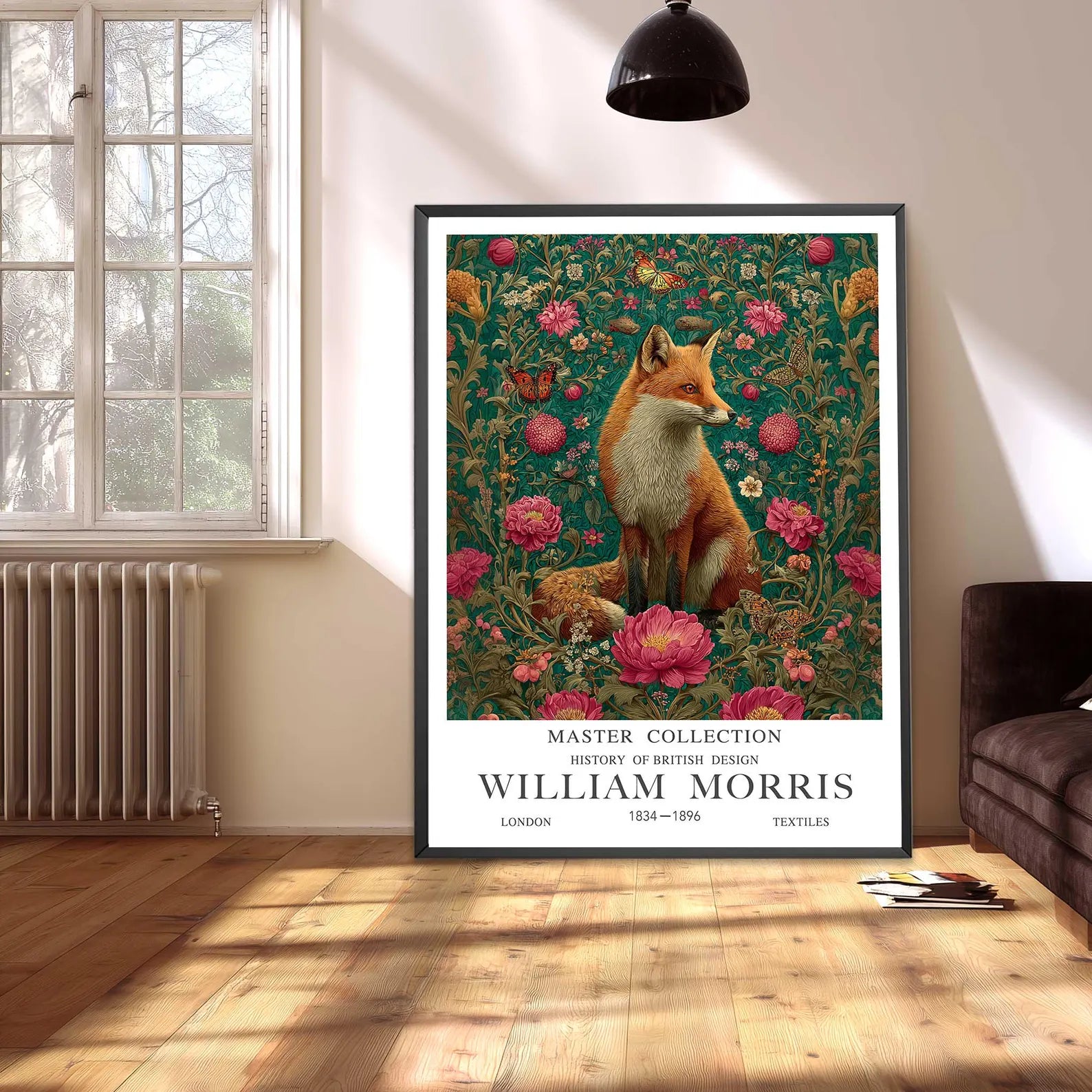 William Morris Fox Print, Pink Peony Flower Poster, Dark Green Botanical Wall Art, Cottagecore Bedroom Decor, Above Sofa Garden Picture