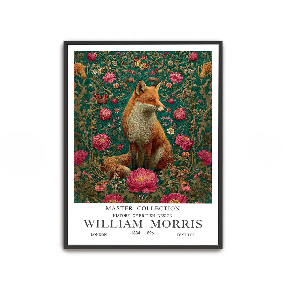 William Morris Fox Print, Pink Peony Flower Poster, Dark Green Botanical Wall Art, Cottagecore Bedroom Decor, Above Sofa Garden Picture