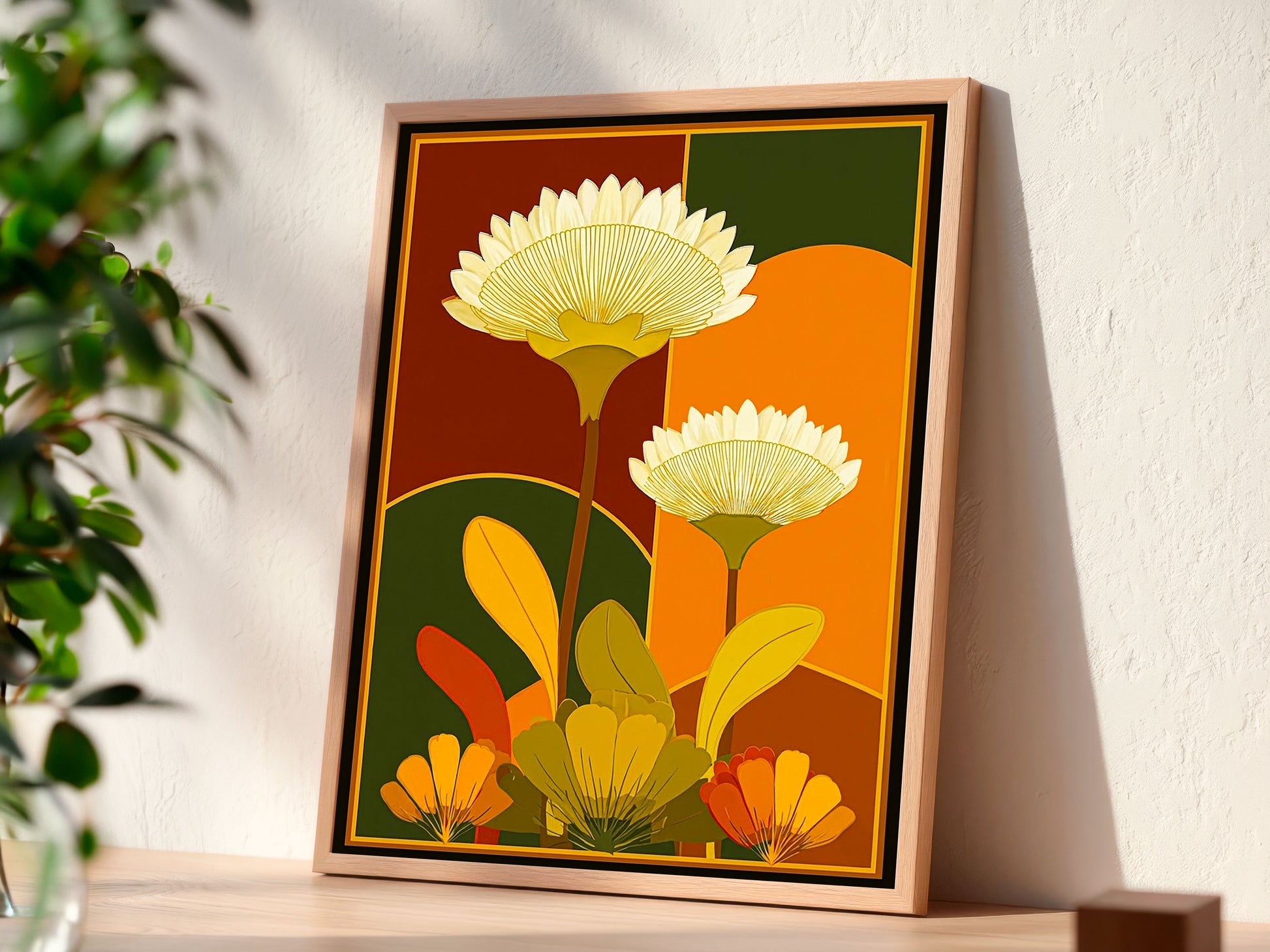 Mid century modern graphic wall art print featuring two large stylized cream flowers on tall stems with yellow, orange, and green leaves. The background shows geometric arches and color block panels in burgundy red, vibrant orange, and deep forest green with a thin gold border frame.