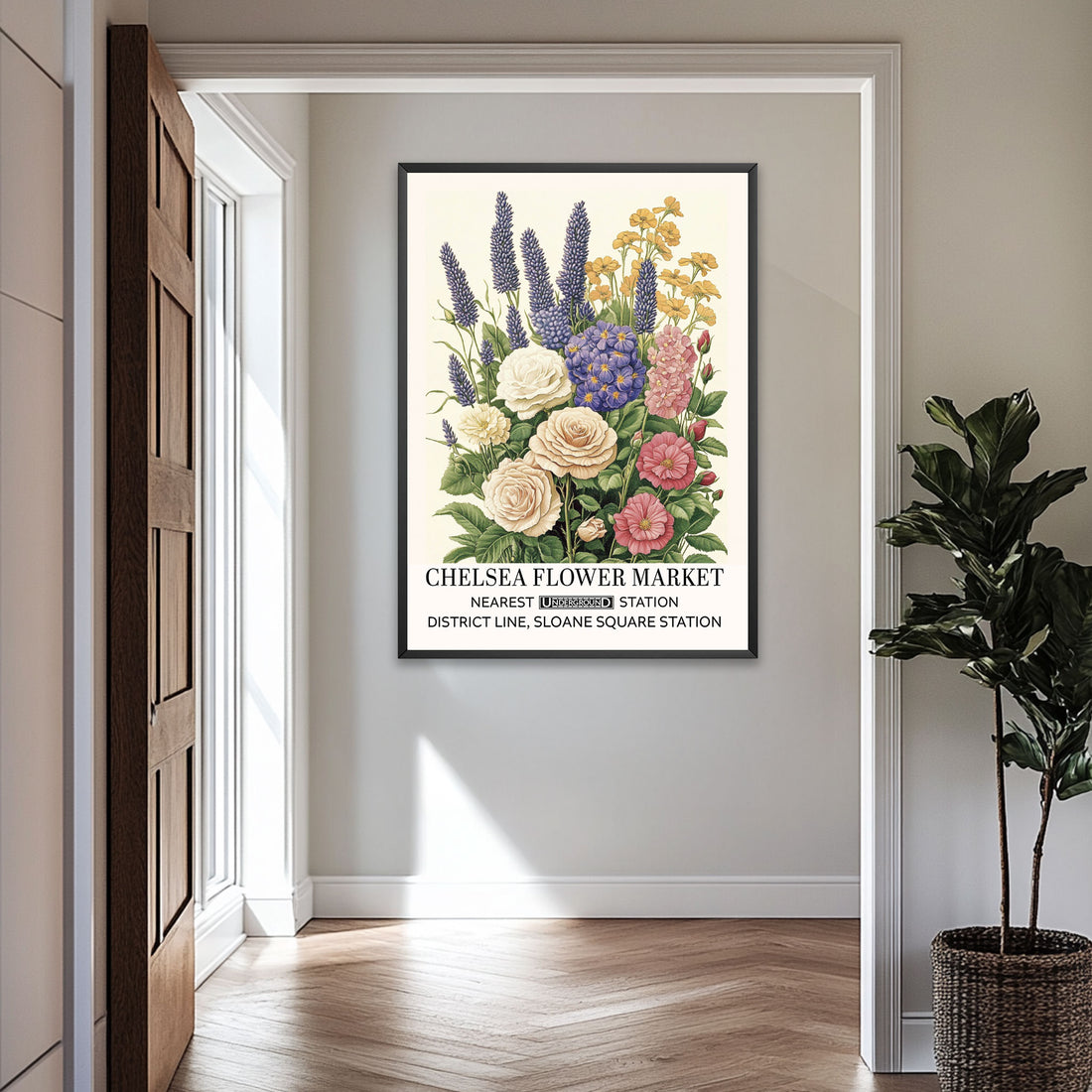 Lavender & Roses Vintage Floral Wall Art featuring a mix of pastel lavender, cream, yellow, and soft pink roses &amp; wildflowers in a garden, illustrated in a vintage botanical poster.
