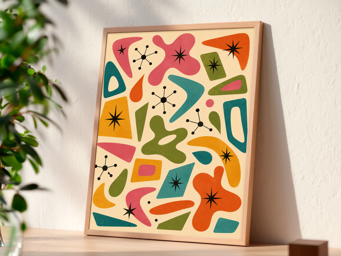 Mid century atomic boomerang modern print wall art inspired by Atomic Age design