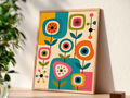 Vintage mid century modern art print featuring abstract geometric flowers and atomic starburst motifs with stylized stems and leaves. The retro design uses flat color-blocked panels in turquoise teal, vibrant orange, hot pink, olive green, mustard yellow, and cream.