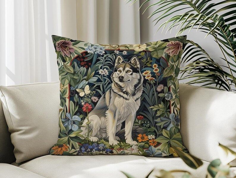 Husky Dog Print Pillow William Morris Style