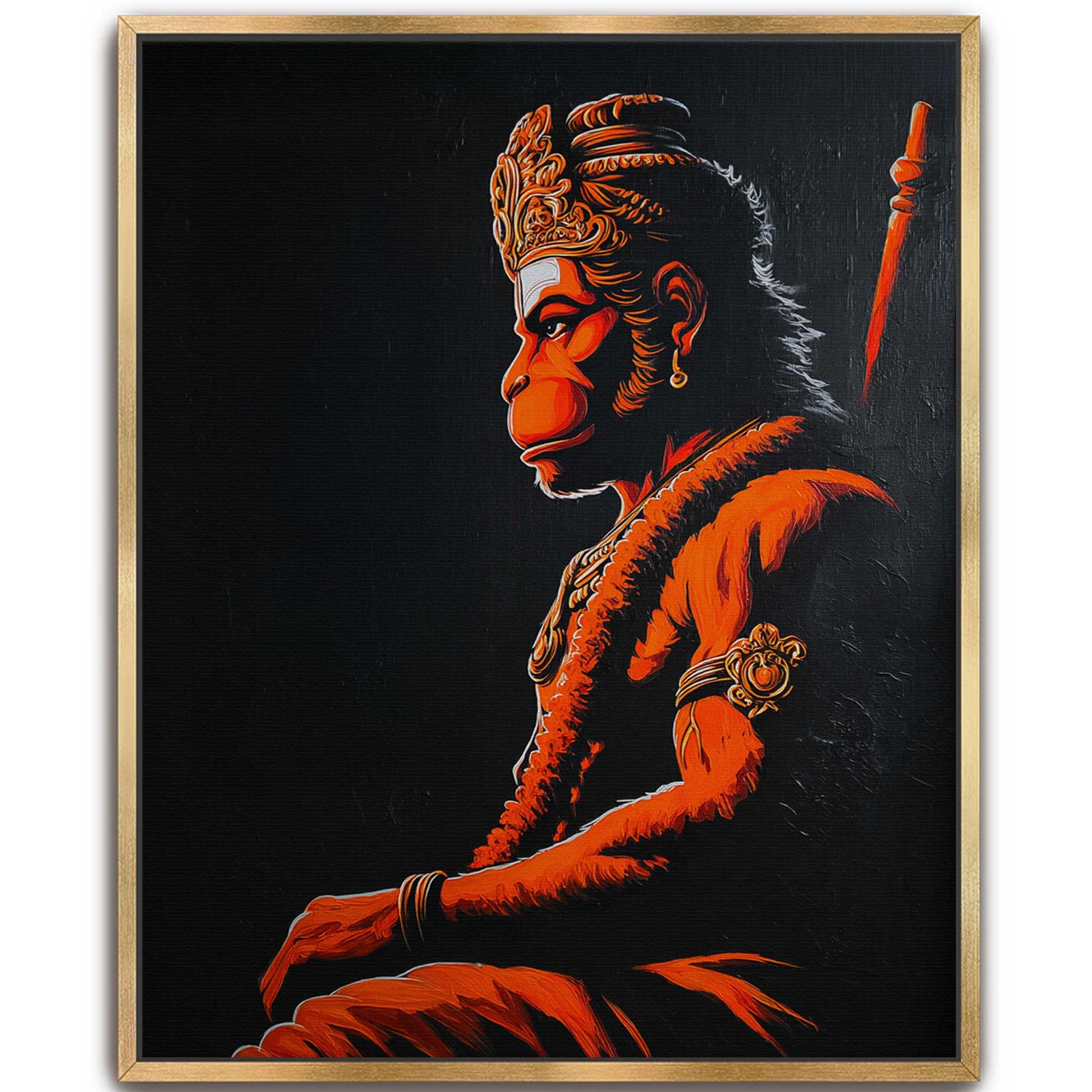 A framed painting of the Hindu deity Hanuman in profile, rendered in vivid orange-red tones against a dark black background, enclosed in agold frame
