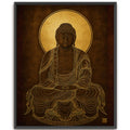 Large black framed canvas print of a golden line art Gautama Buddha meditating with a bright gold halo in a modern living room