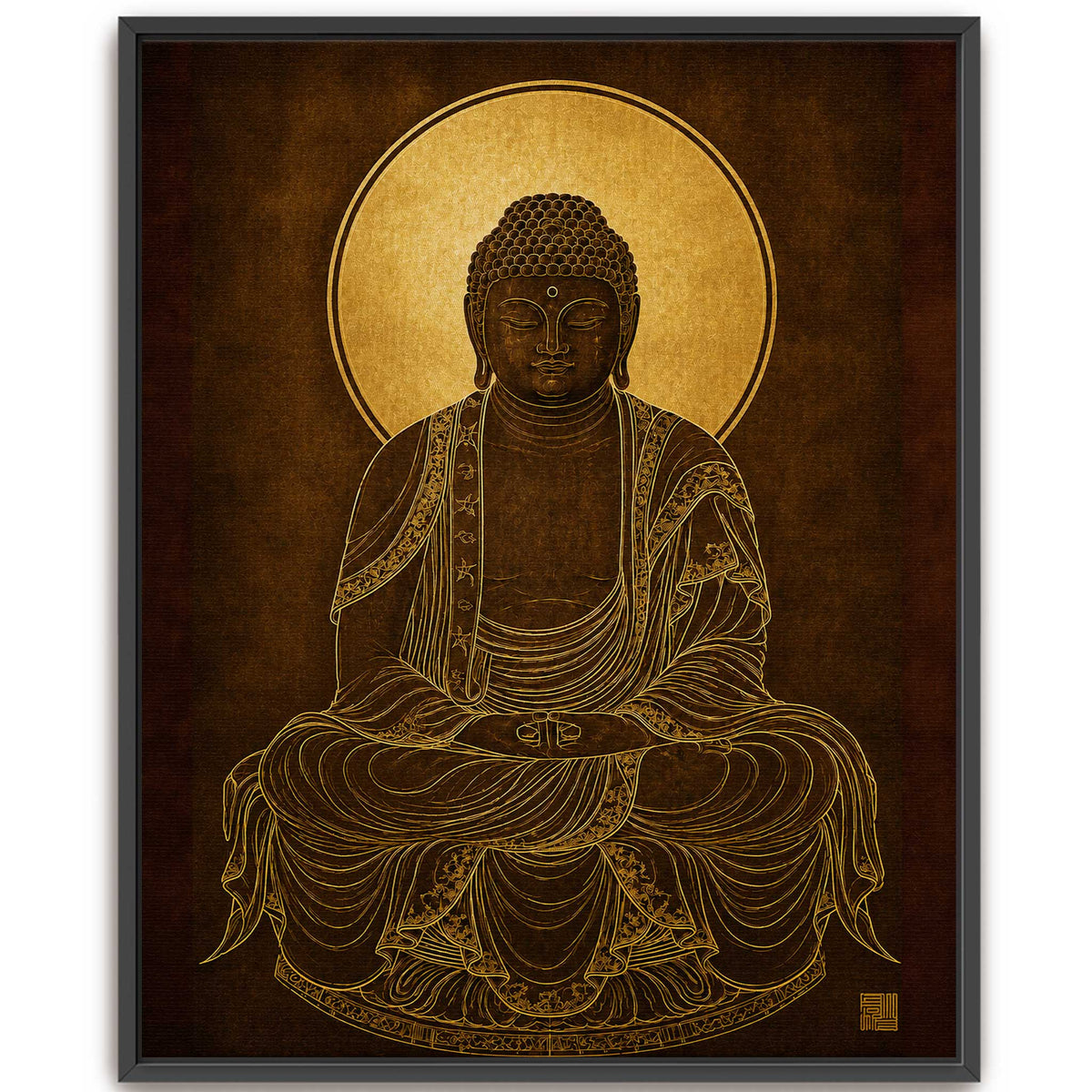 Large black framed canvas print of a golden line art Gautama Buddha meditating with a bright gold halo in a modern living room