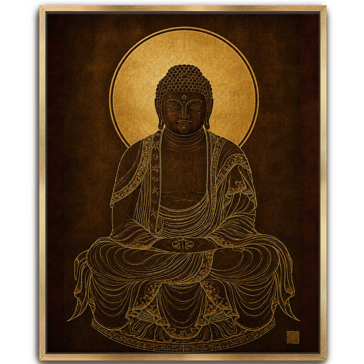 Large black framed canvas print of a golden line art Gautama Buddha meditating with a bright gold halo in a modern living room