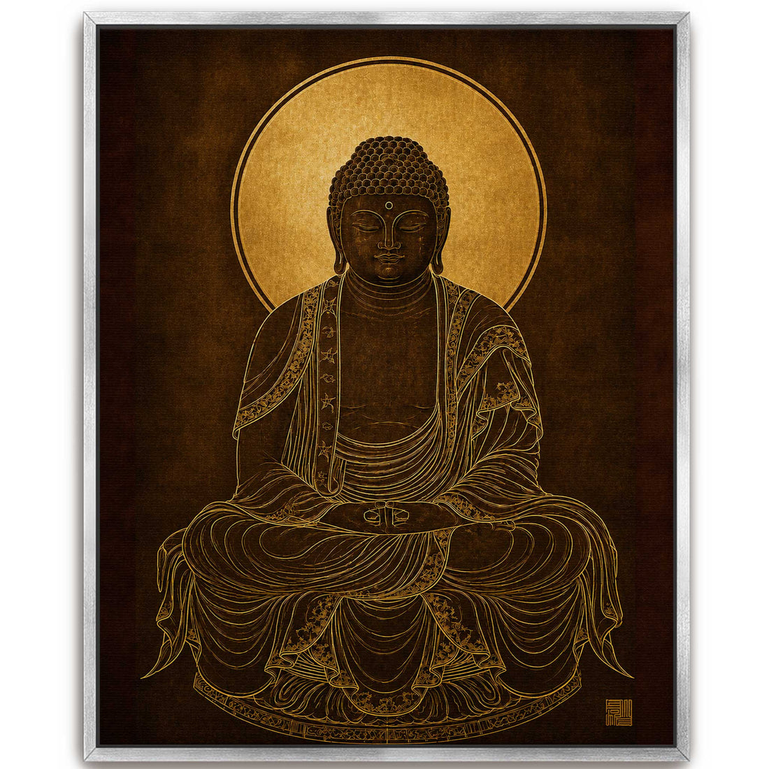 Large black framed canvas print of a golden line art Gautama Buddha meditating with a bright gold halo in a modern living room