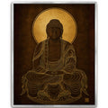 Large black framed canvas print of a golden line art Gautama Buddha meditating with a bright gold halo in a modern living room