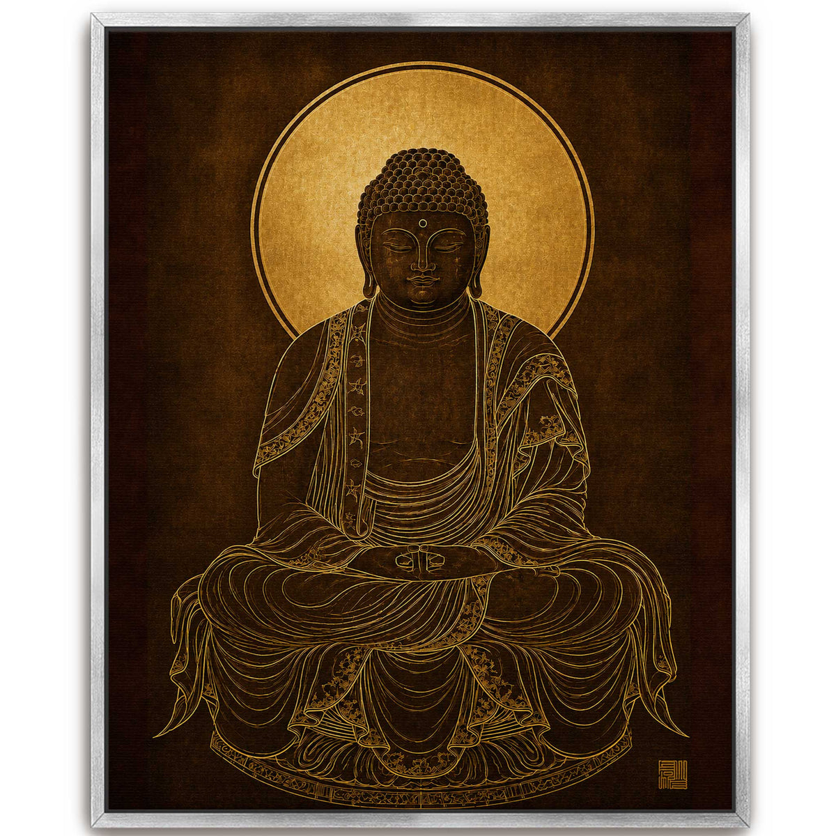Large black framed canvas print of a golden line art Gautama Buddha meditating with a bright gold halo in a modern living room