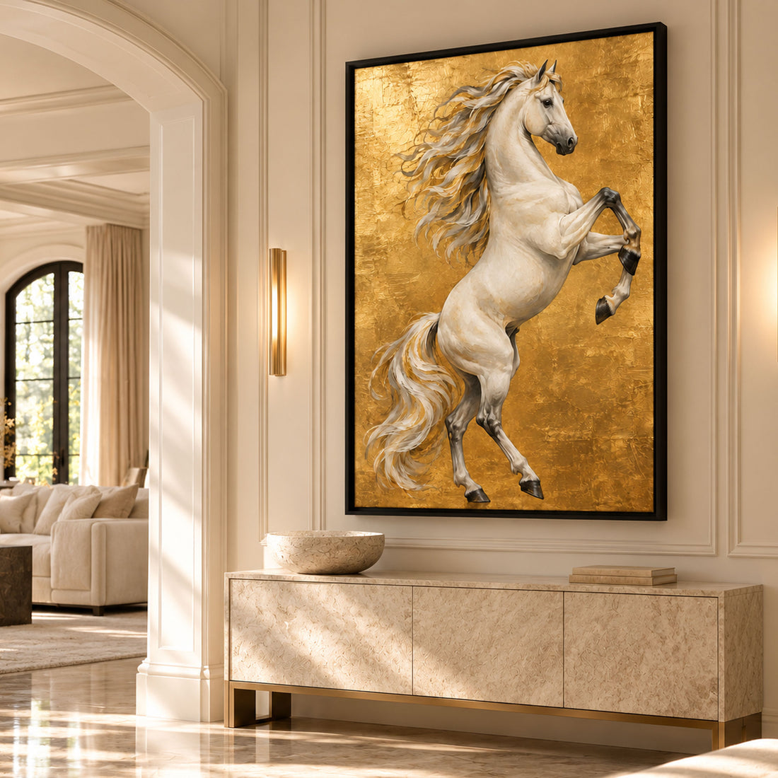White rearing horse canvas wall art on a rich gold-coloured background with flowing mane and detailed equestrian artwork.