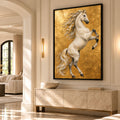 White rearing horse canvas wall art on a rich gold-coloured background with flowing mane and detailed equestrian artwork.