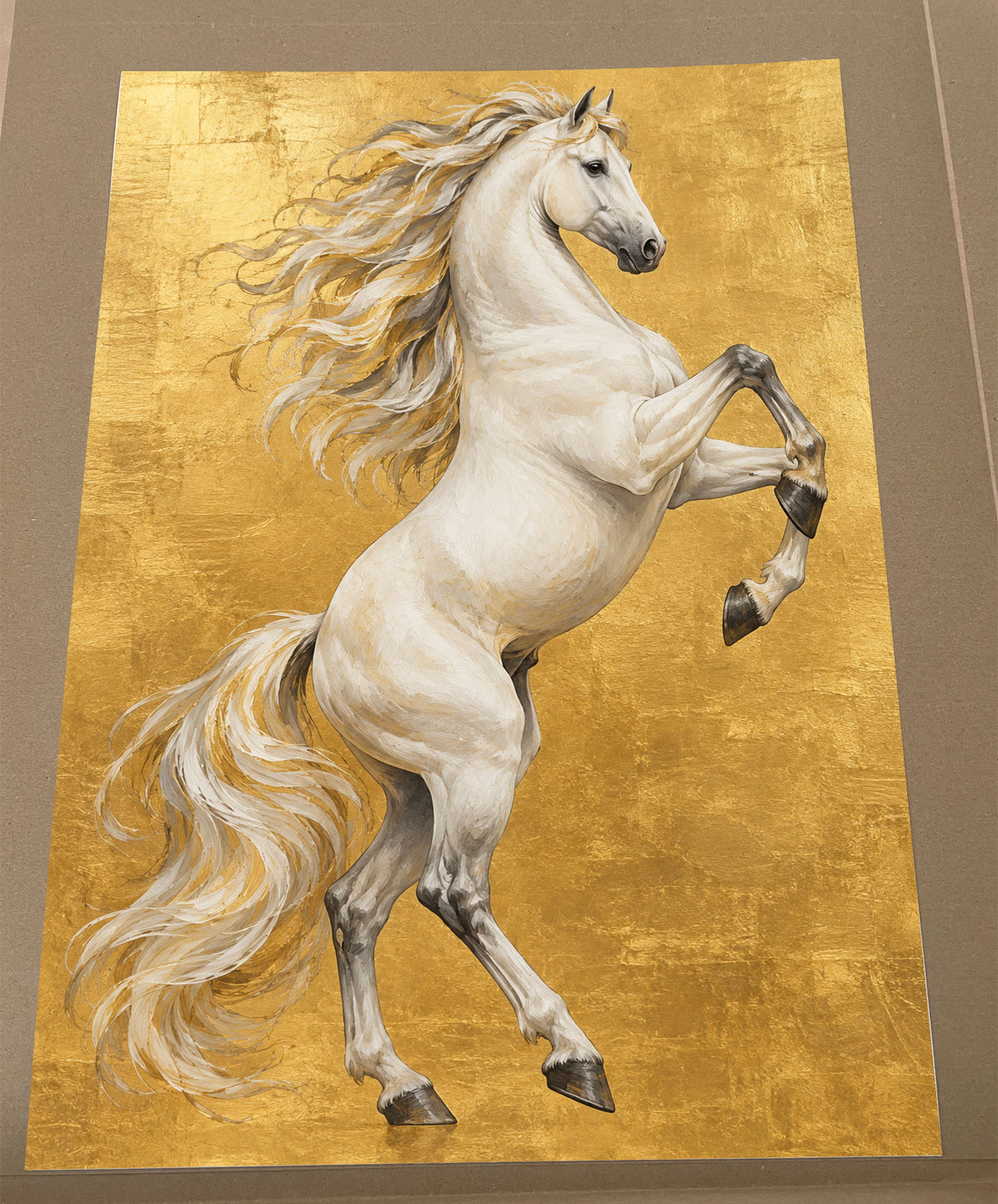 White rearing horse wall art print on a textured gold background featuring flowing mane and detailed equestrian artwork. 