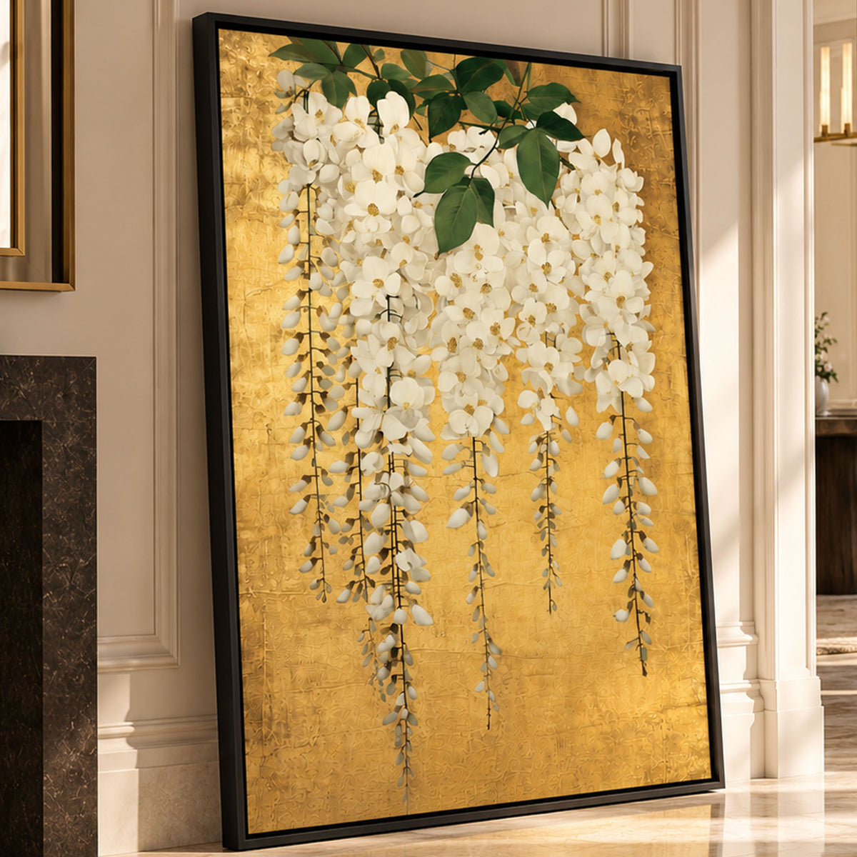 Large white wisteria floral canvas wall art with gold background displayed in an elegant cream living room.